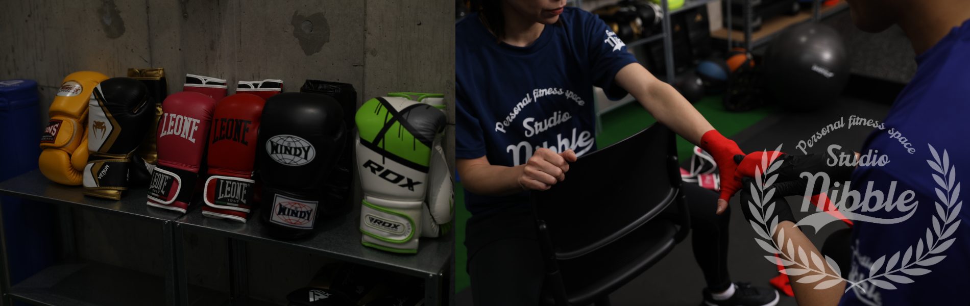 格闘技グッズとハンドラップを巻く様子